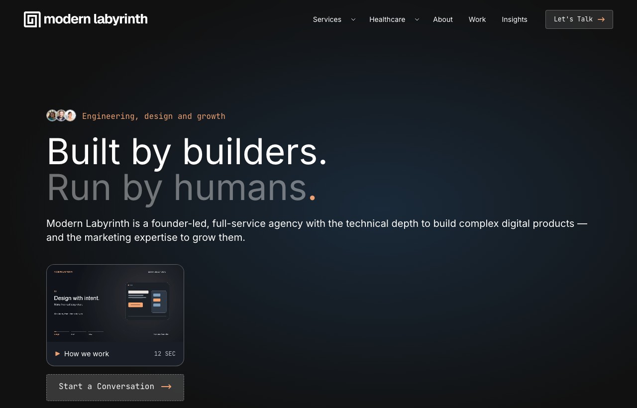 Modern Labyrinth’s website opening, with its engineering, design and growth introduction.